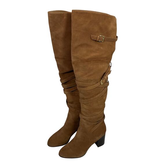 Sam Edelman Tan Suede OTK Boots 7 Leather Heel Wrap Strap Tall Zip Buckle - Picture 1 of 16